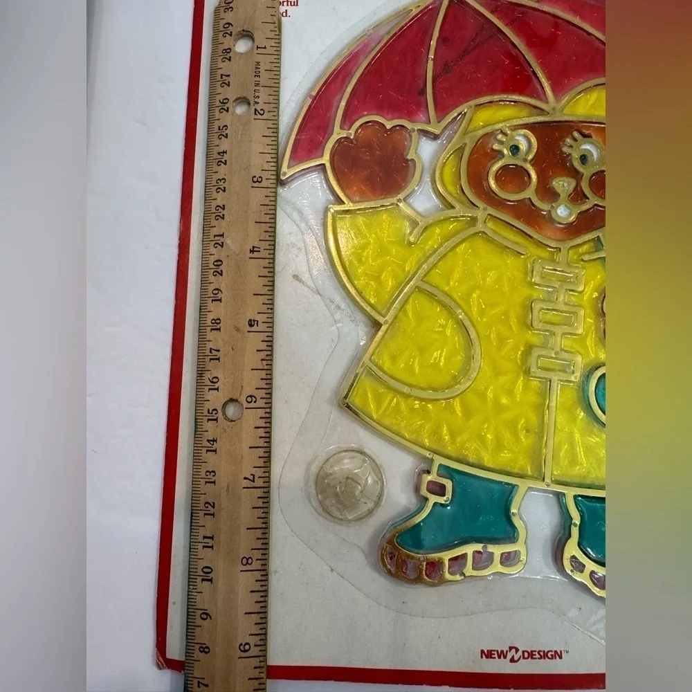 VTG Lot Of 3 Bear in Raincoat Crystalline Sun Catcher Stained Glass Look NIB